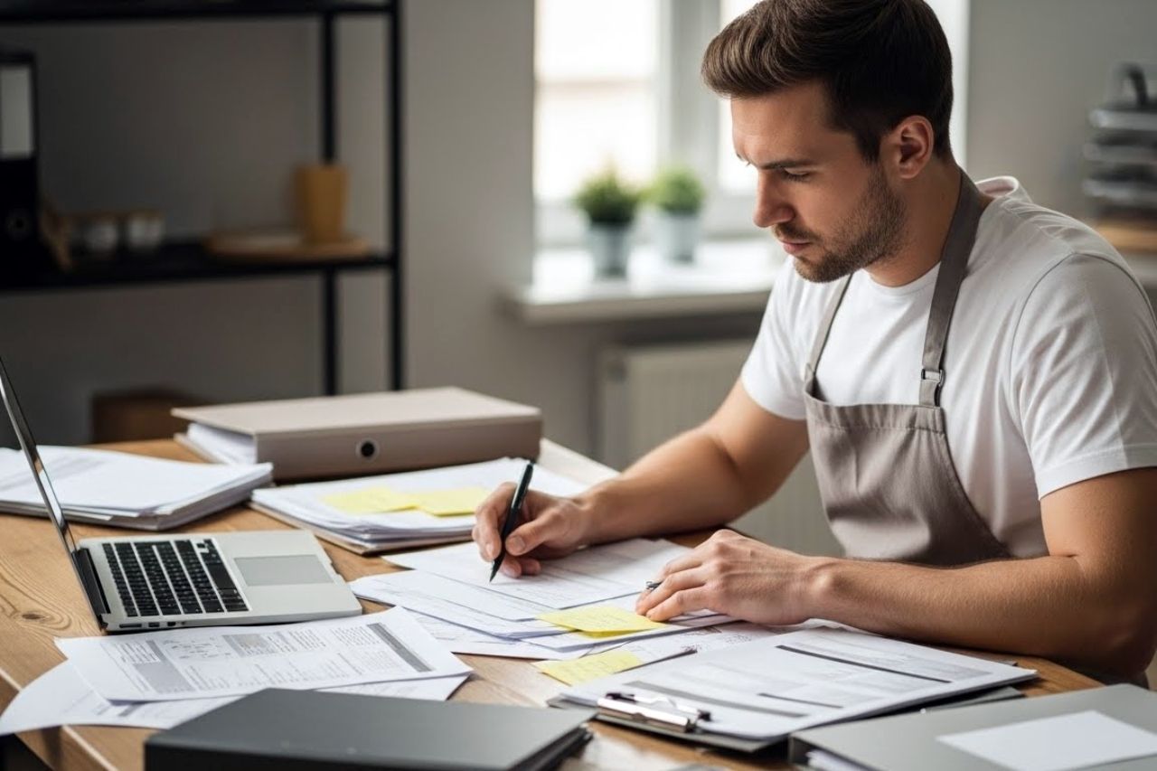 Homem de avental, escrevendo em uma mesa com um laptop e documentos, possivelmente trabalhando em um escritório em casa.