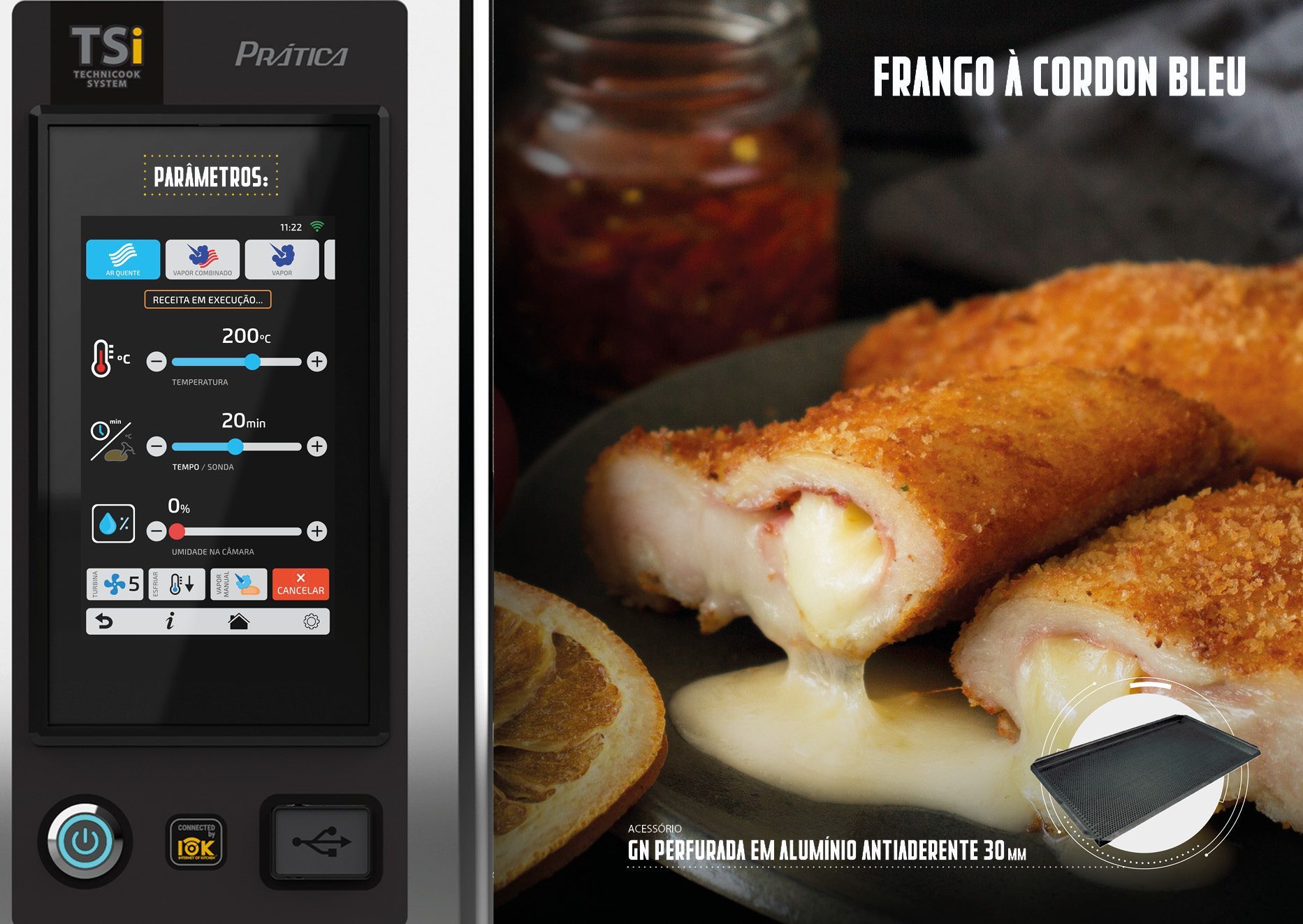 Uma imagem de um prato de comida ao lado de uma tela sensível ao toque