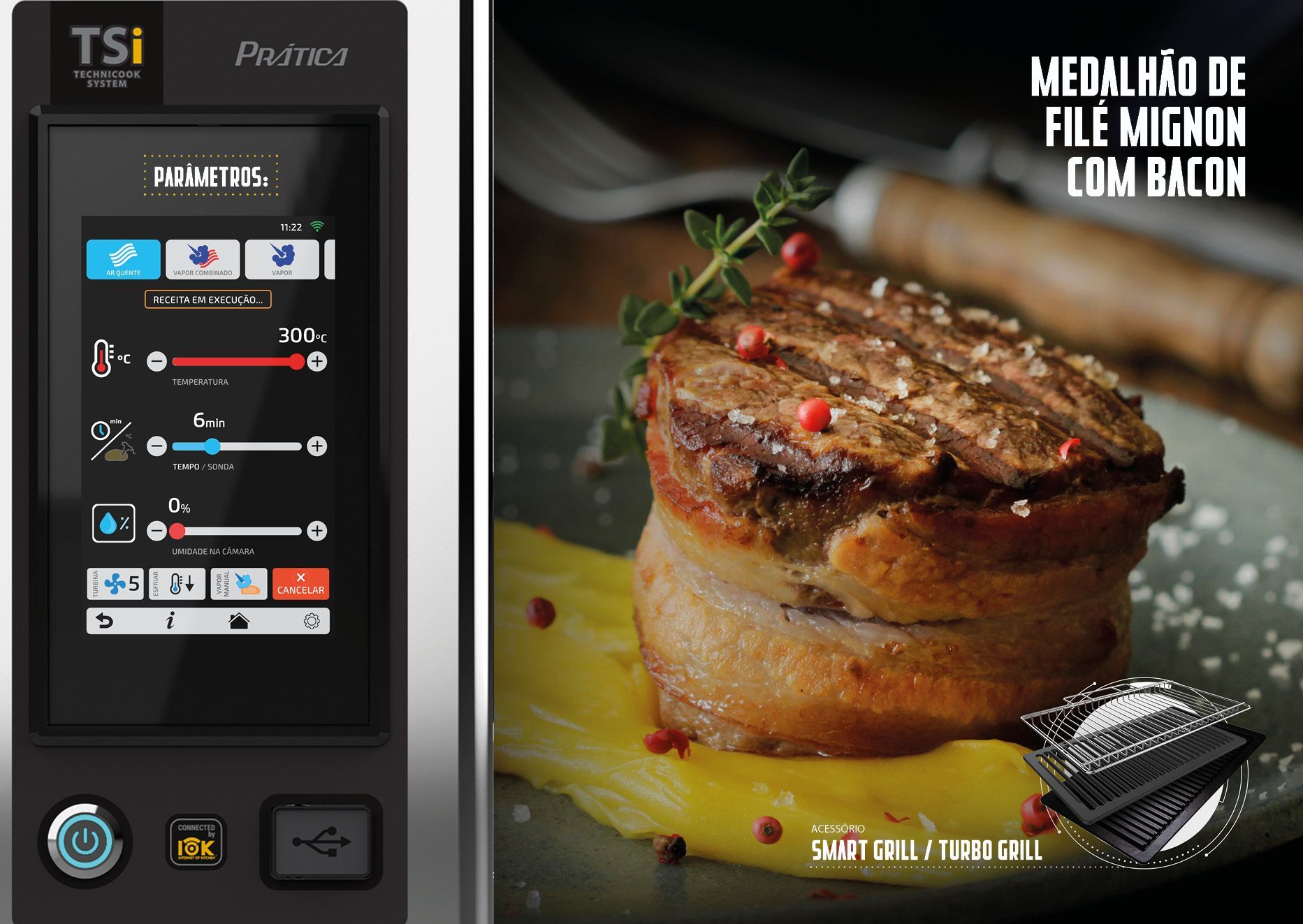Uma foto de um bife em um prato ao lado de um dispositivo ts1