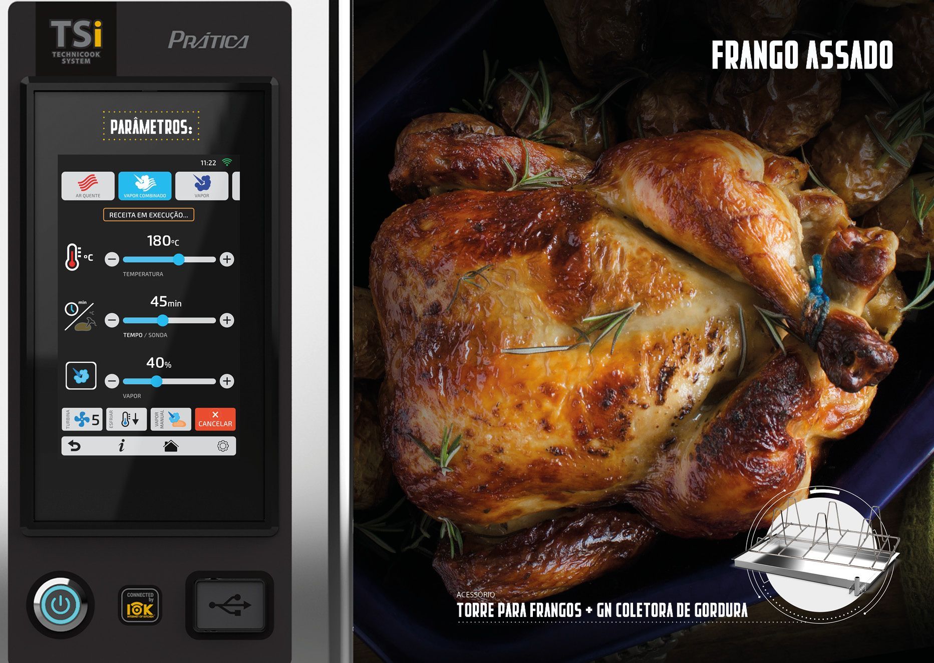 Uma foto de um frango assado ao lado de um forno TSI