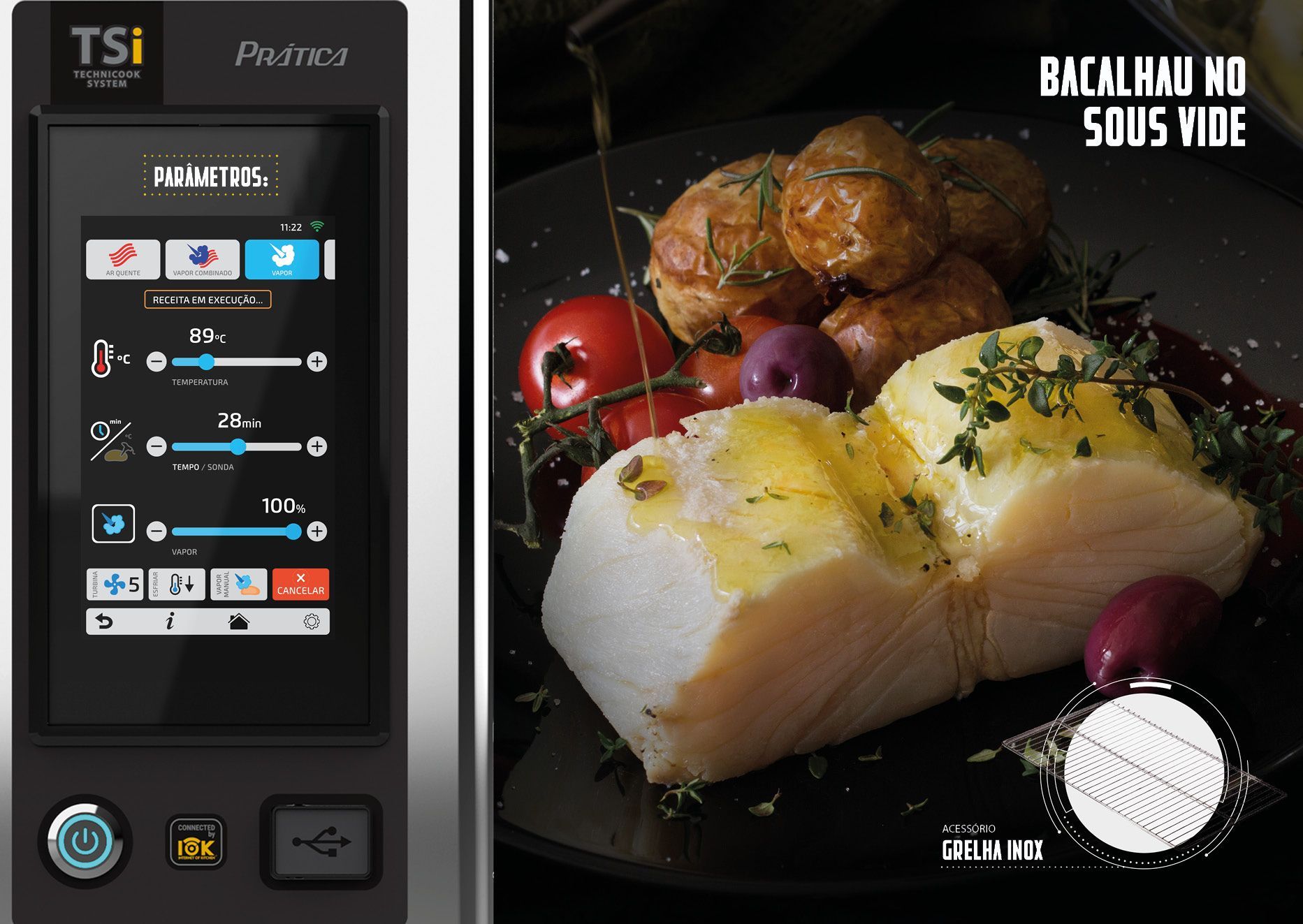 Uma foto de um prato de comida ao lado de um forno TSI