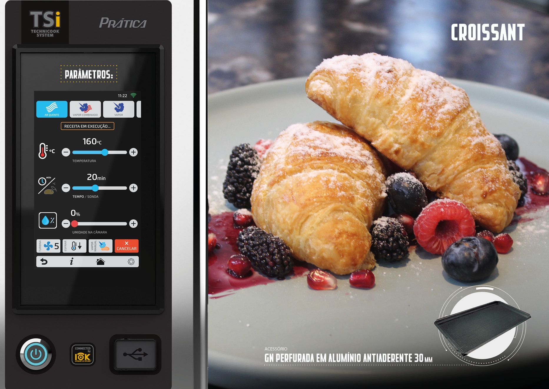Um croissant está em um prato com frutas vermelhas ao lado de uma tela sensível ao toque.