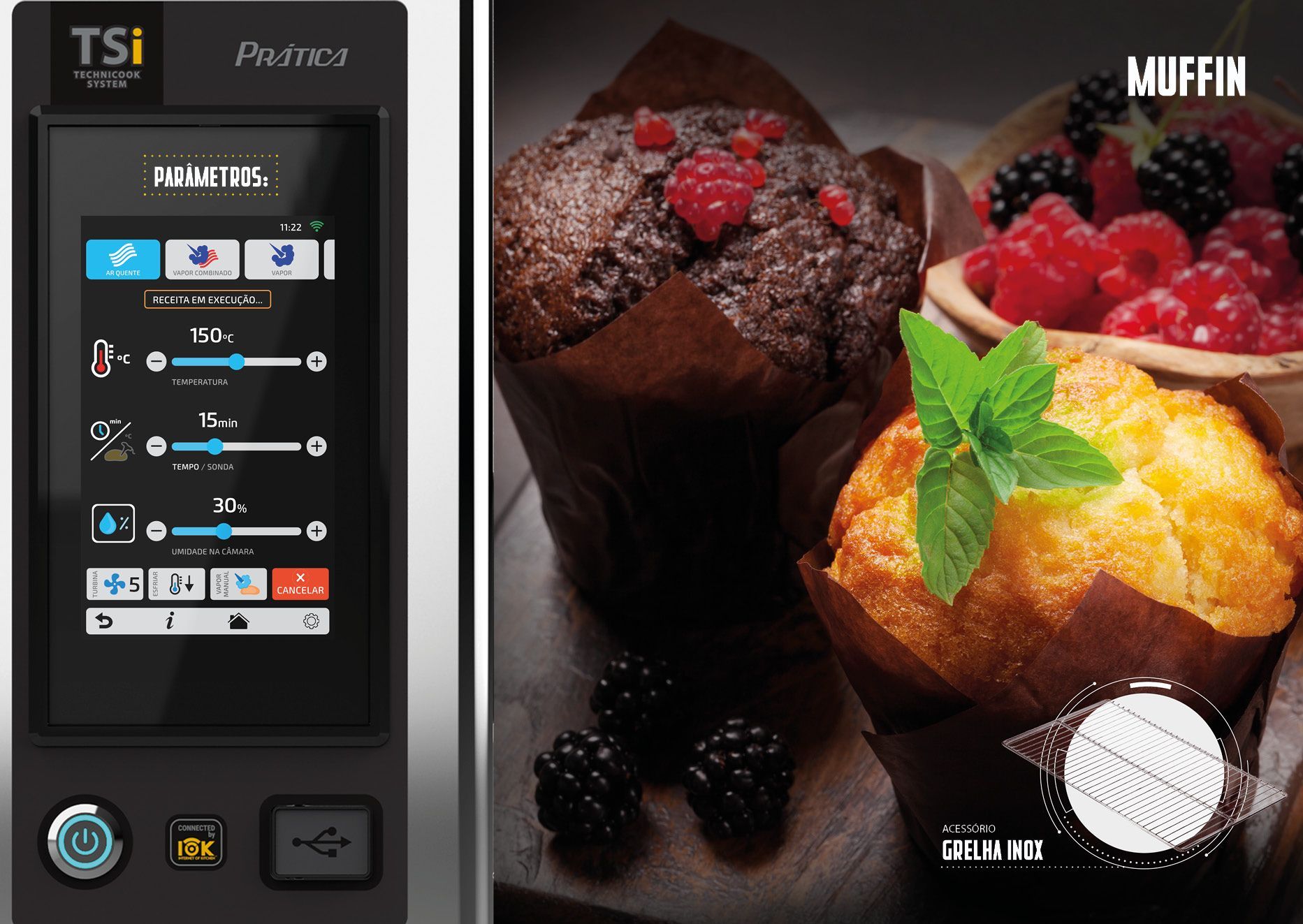 Uma foto de um muffin ao lado de uma foto de frutas vermelhas