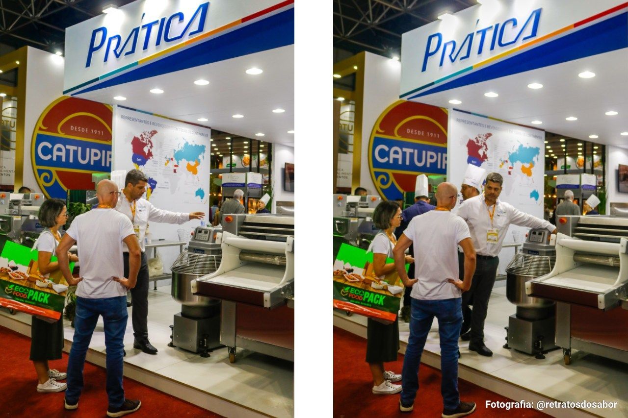 Um grupo de pessoas está em frente a uma barraca de prática de catupi