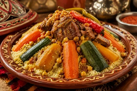 Prato colorido de cuscuz marroquino com legumes e carne em uma travessa de cerâmica decorativa.