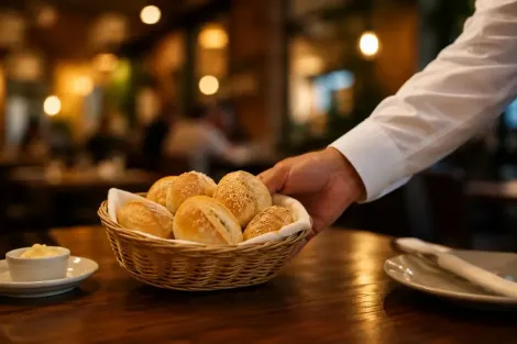 Mão colocando uma cesta de pãezinhos em uma mesa de restaurante