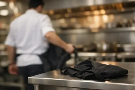 Chef em uma cozinha, com pano ou luvas pretas, sobre uma bancada de aço inoxidável em primeiro plano.
