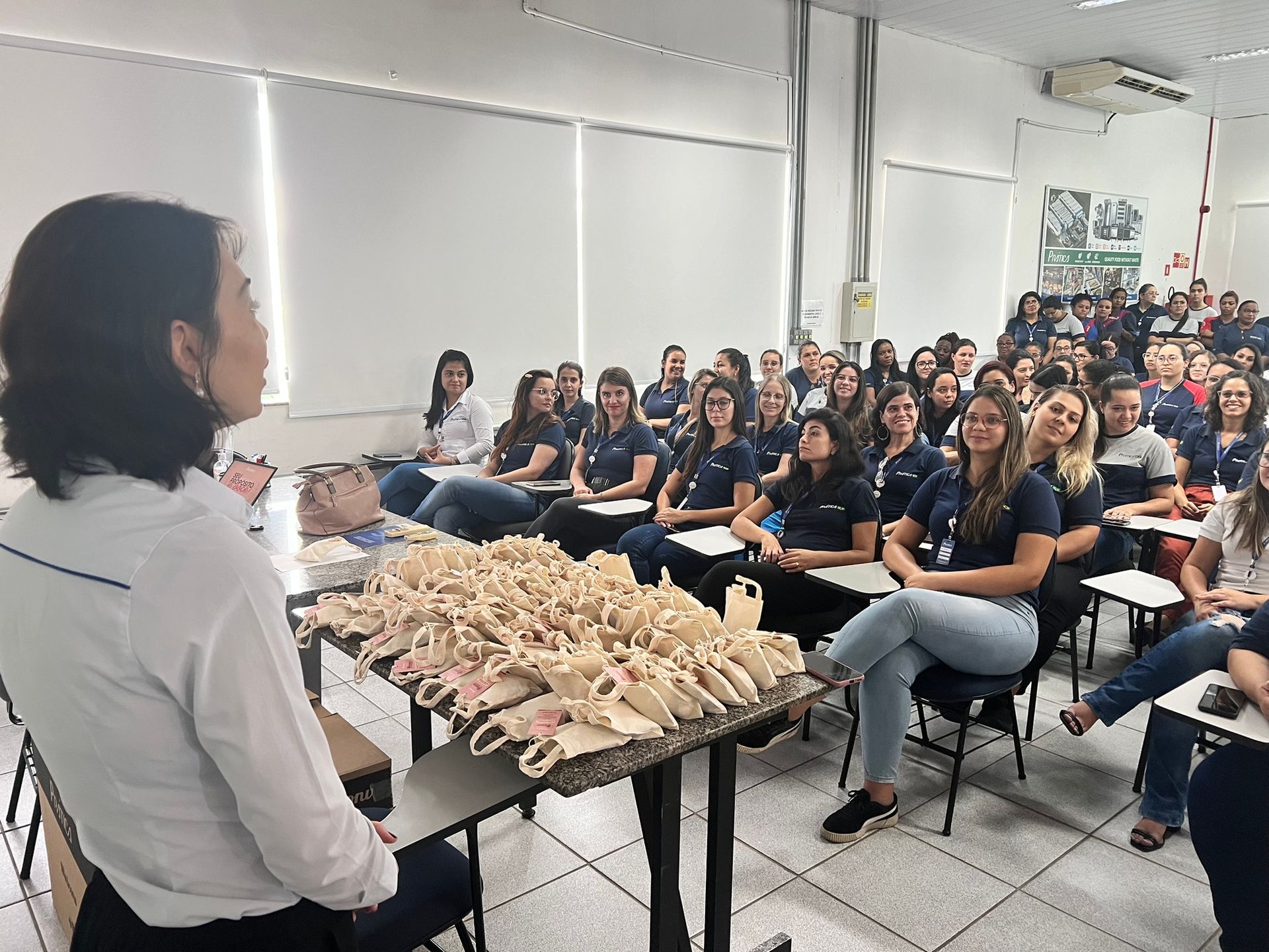 Uma mulher está fazendo uma apresentação para um grande grupo de pessoas em uma sala de aula.