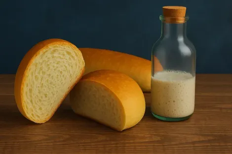 Um pão e uma garrafa de leite sobre uma mesa de madeira.