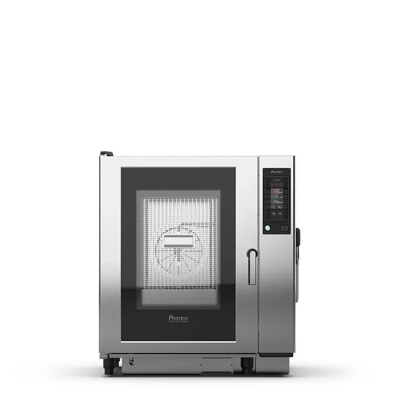 Um forno de aço inoxidável está sobre uma superfície branca.