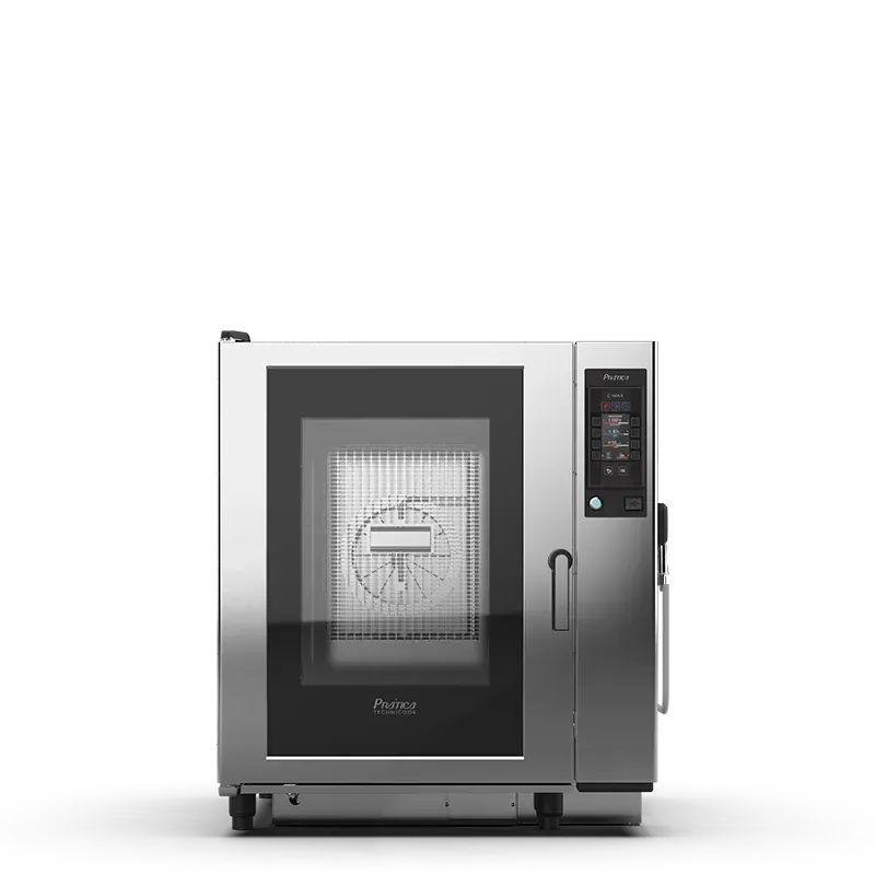 Um forno de aço inoxidável com uma porta de vidro está sobre uma superfície branca.