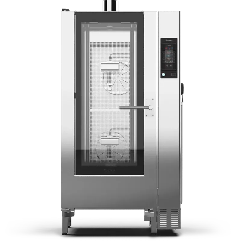 Um forno de aço inoxidável com rodas em um fundo branco.