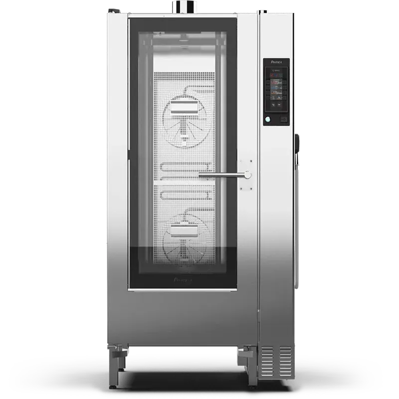Um forno de aço inoxidável com rodas em um fundo branco.