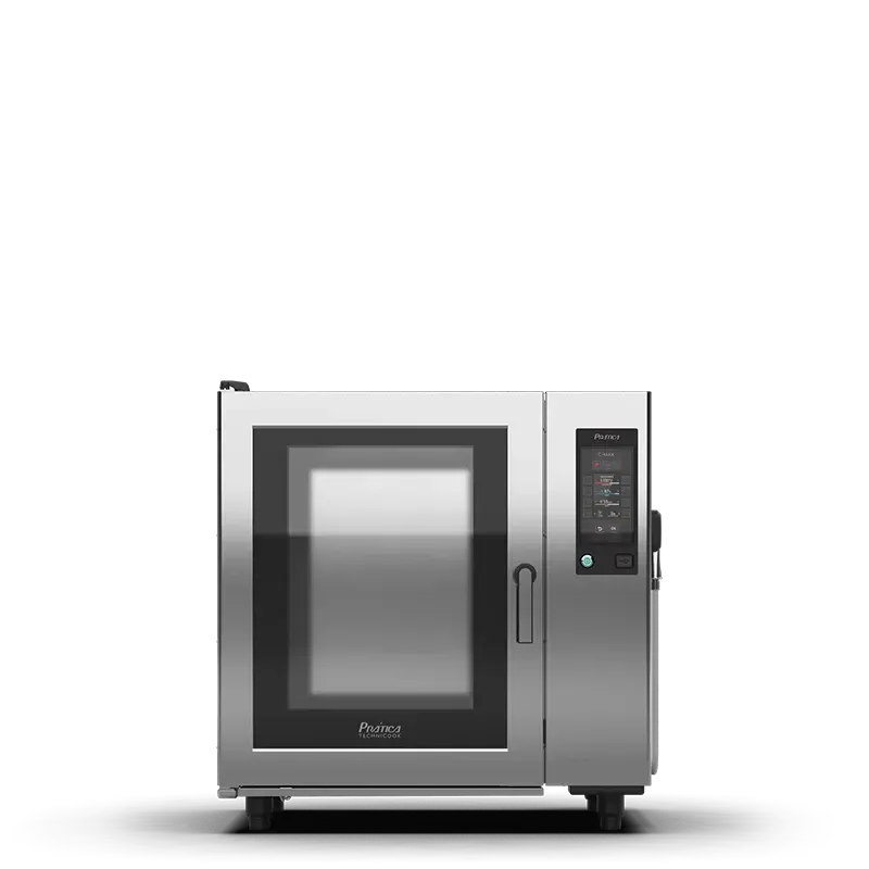 Um forno de aço inoxidável está sobre uma superfície branca.