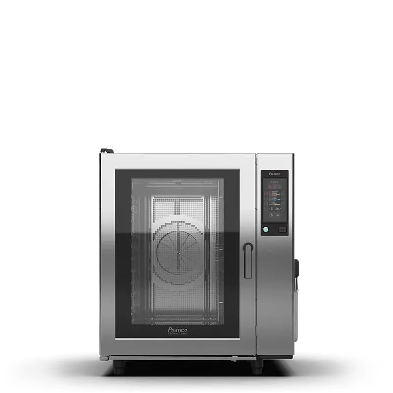 Um forno de aço inoxidável com uma porta de vidro está sobre uma superfície branca.