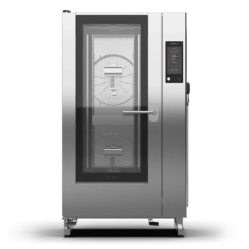 Um forno de aço inoxidável com rodas em um fundo branco.
