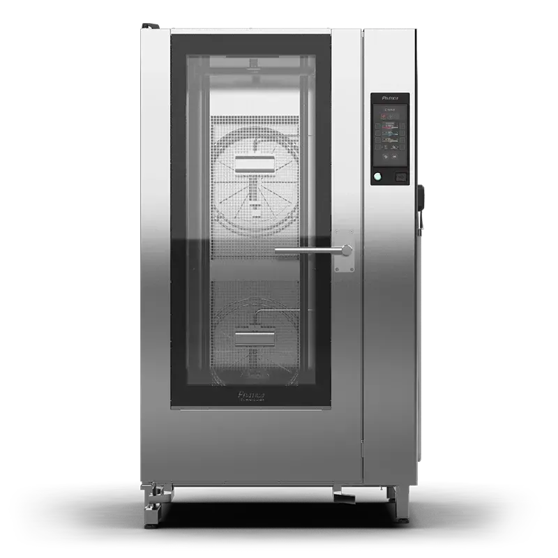 Um forno de aço inoxidável com rodas em um fundo branco.