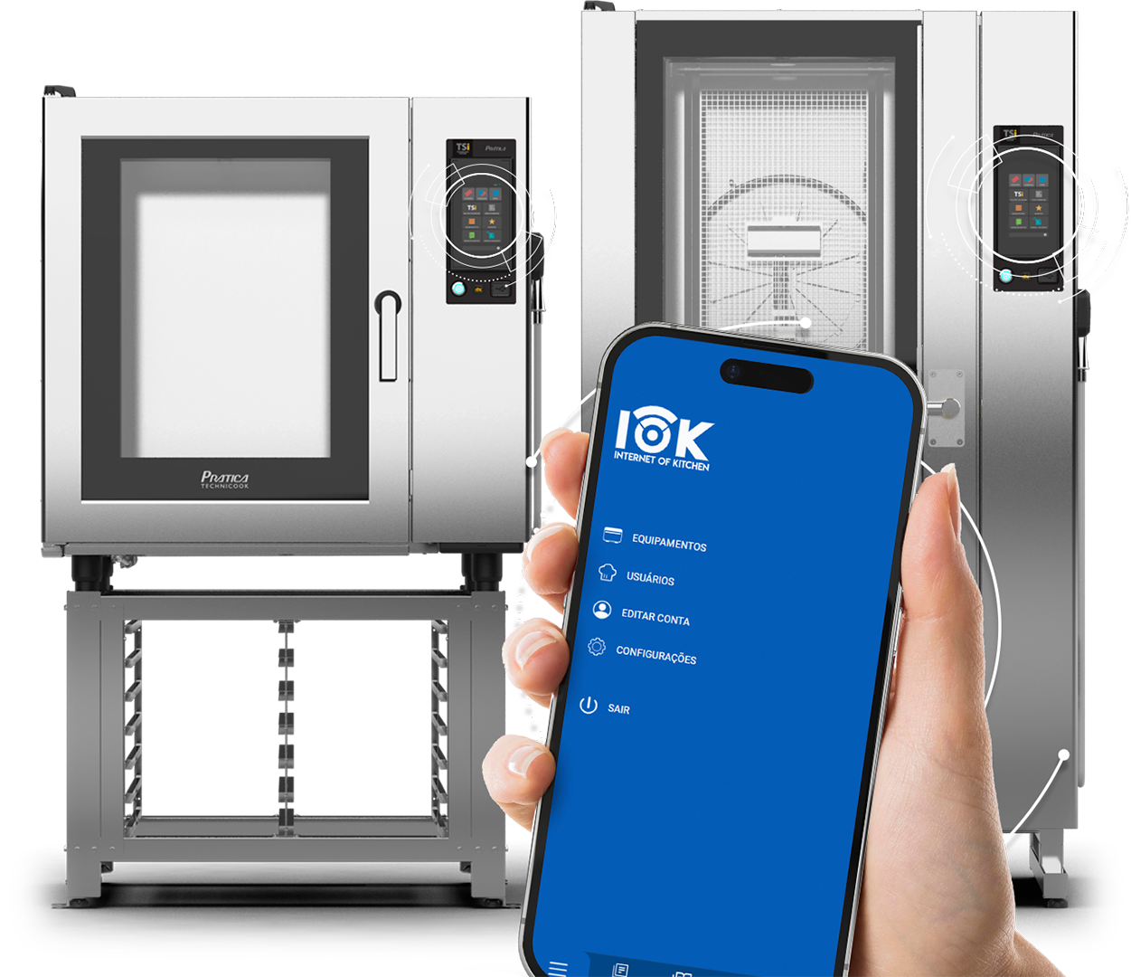 Uma pessoa está segurando um celular em frente a um forno de convecção.