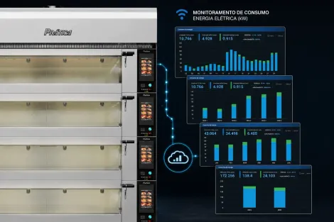 Forno Lastro Prática TC mostrando controle de consumo energético via exclusiva plataforma de monitoramento, a IoK.