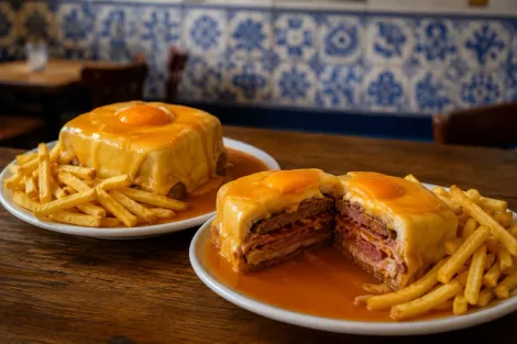 Dois pratos de francesinhas e batatas fritas sobre uma mesa de madeira, com uma parede de azulejos azuis estampados ao fundo.