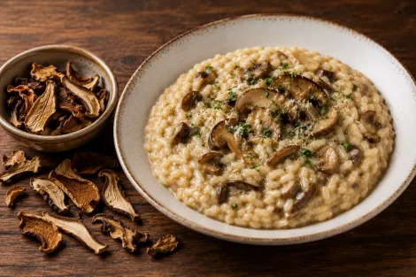 Tigela de risoto cremoso de cogumelos com queijo ralado, ao lado de uma tigela pequena e cogumelos secos espalhados sobre uma mesa de madeira.