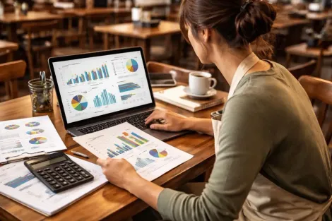 Pessoa analisando gráficos financeiros em um laptop sobre uma mesa de madeira com papéis, calculadora e xícara de café.