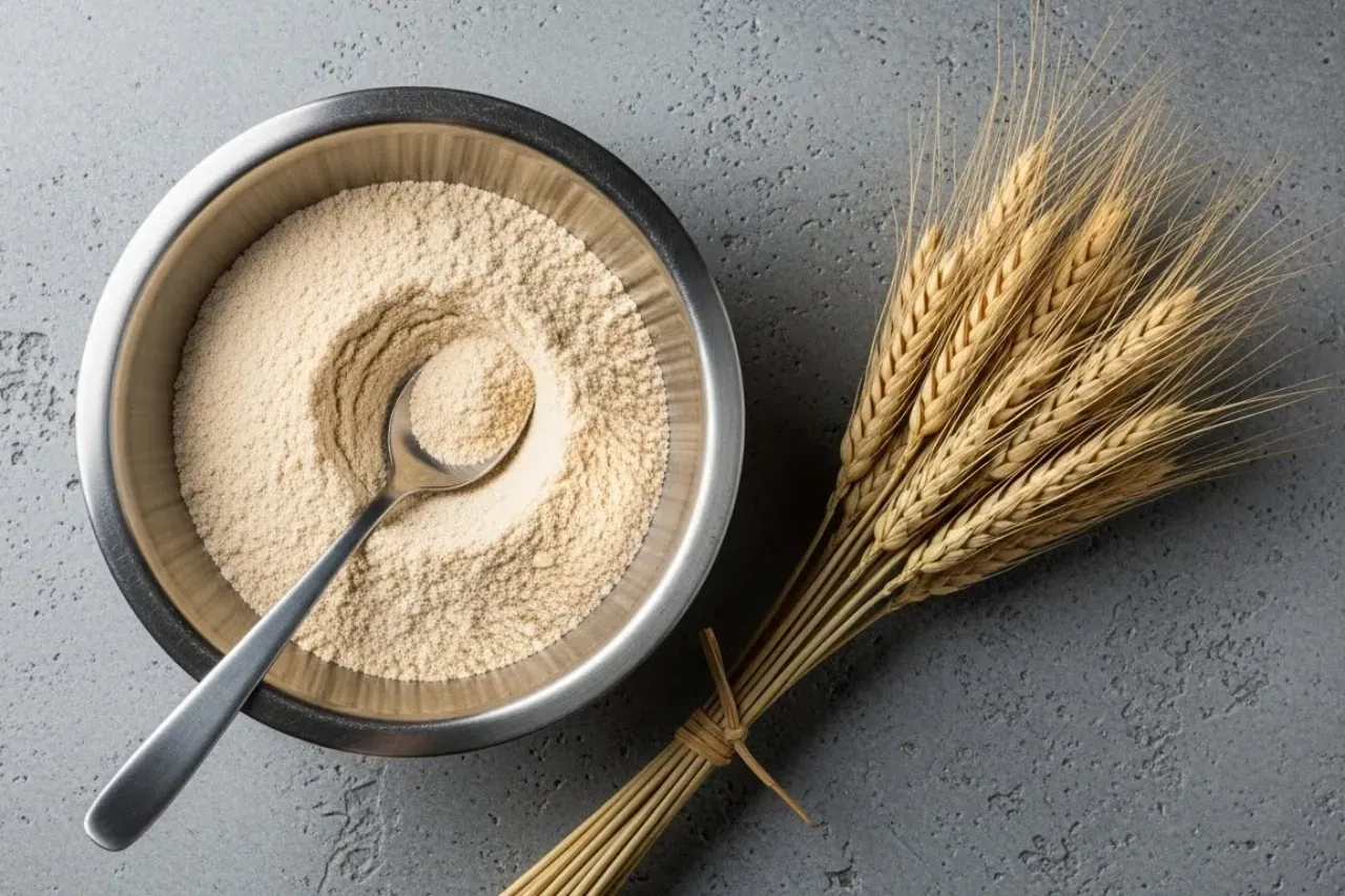 Tigela de glúten vital com colher, ramos de trigo sobre superfície cinza.