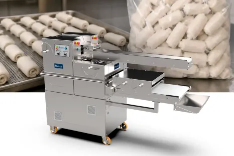Grupo automático Prática GAP 400 com pães divididos e modelados sobre assadeira e pães congelados ensacados de outro lado.