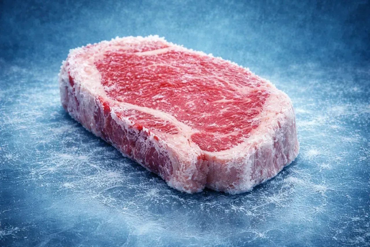 Um bife cru, coberto de gelo, repousa sobre uma superfície fria, azulada e texturizada.