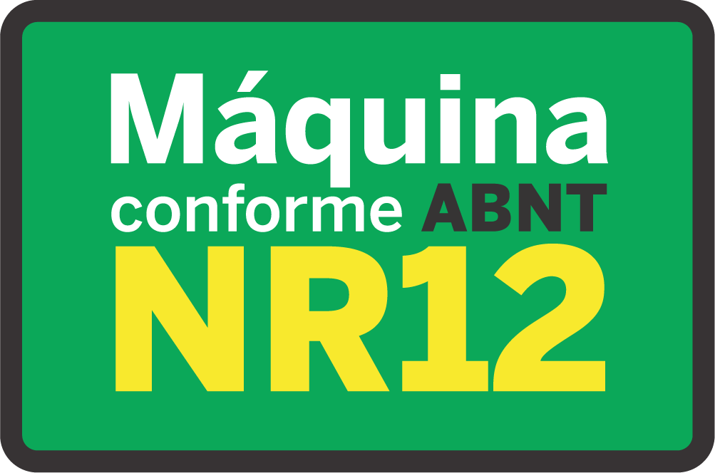 Uma placa verde e amarela que diz `` maquina conforme abnt nr12 ''.