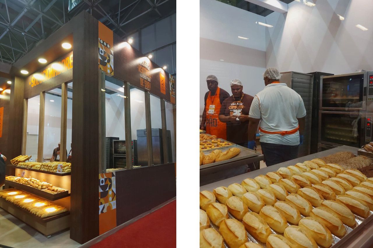 Uma foto de uma padaria e uma foto de um monte de pão sobre uma mesa.