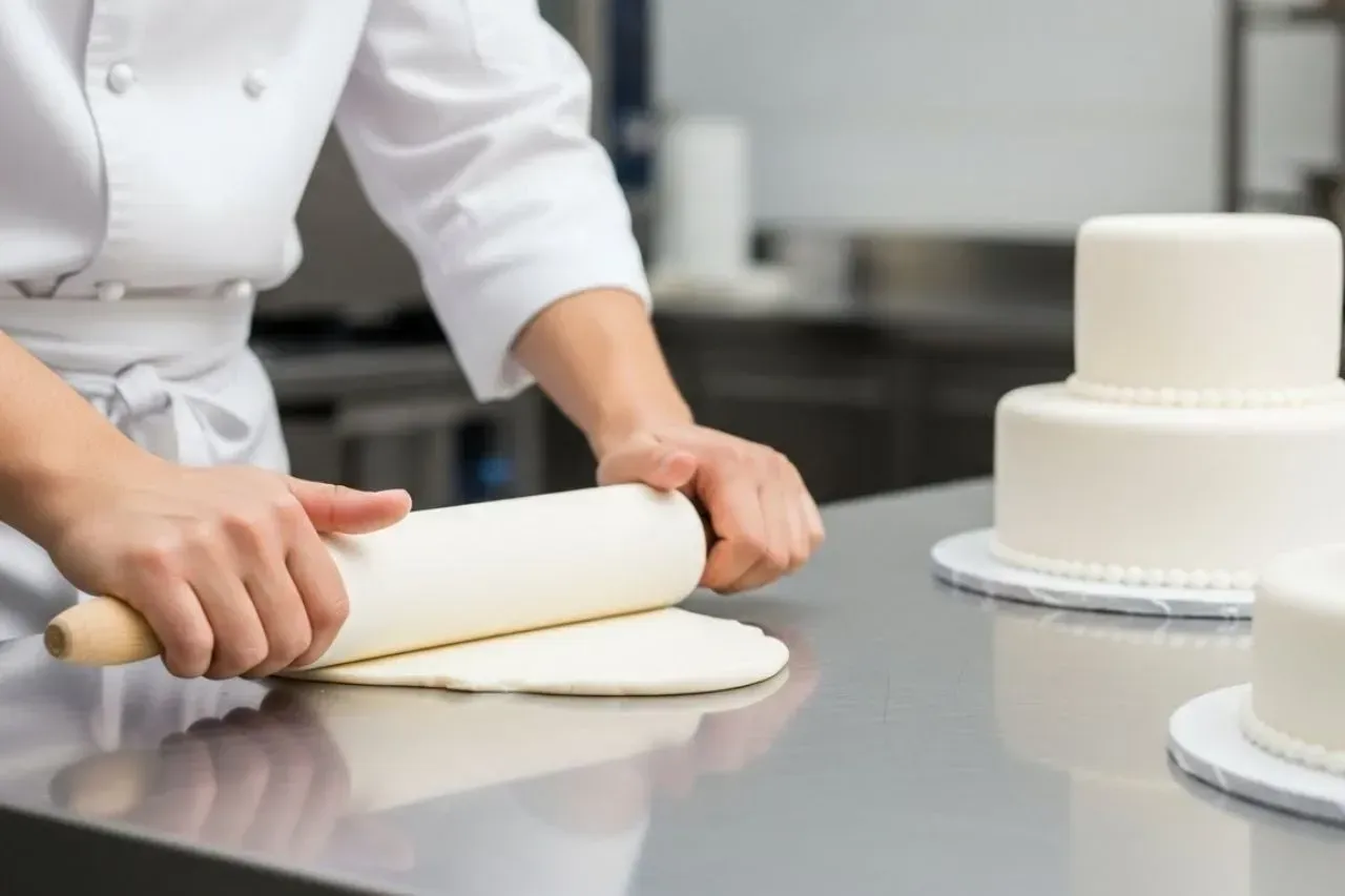 Chef estendendo pasta americana branca em uma bancada de aço inoxidável ao lado de bolos empilhados e cobertos com glacê.