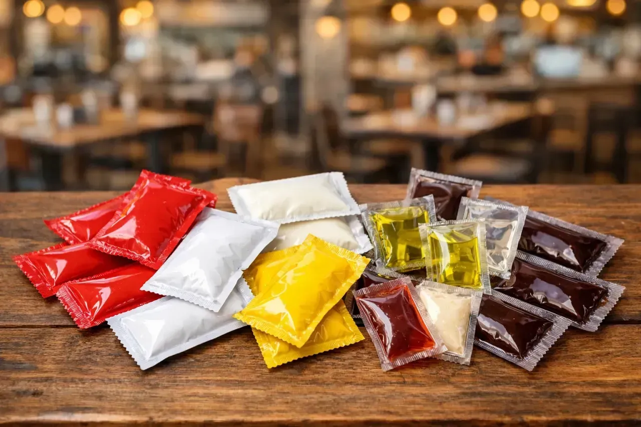 Pacotes de diversos molhos, incluindo ketchup, mostarda e molho para salada, sobre uma mesa de madeira em um restaurante.