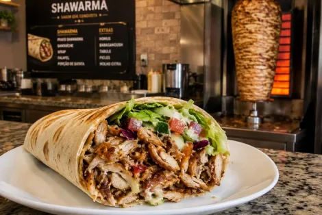 Shawarma enrolado em um prato com recheio picado, em um balcão de restaurante.