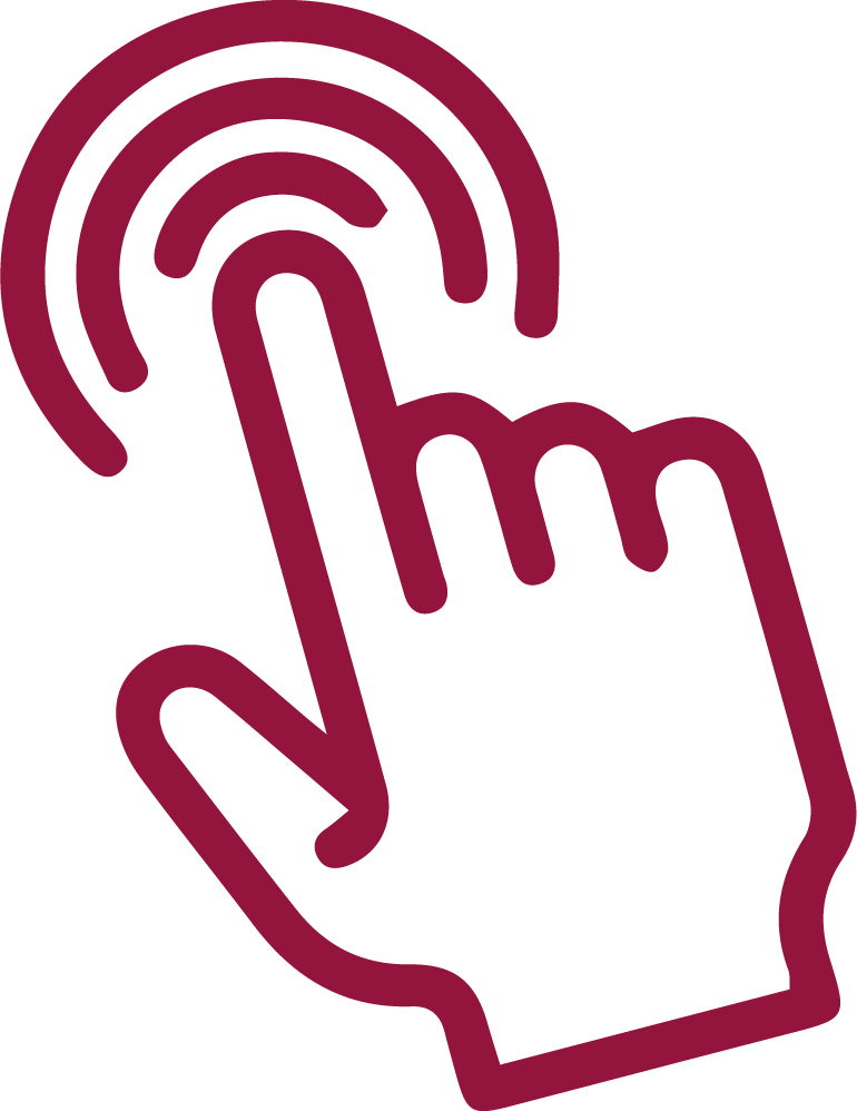 Blue hand with index finger pointing up, radiating circles above, indicating a click.