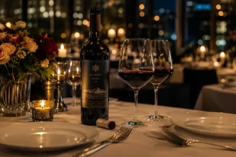 Jantar romântico à luz de velas com garrafa de vinho, taças, pratos e flores, com vista para as luzes da cidade.