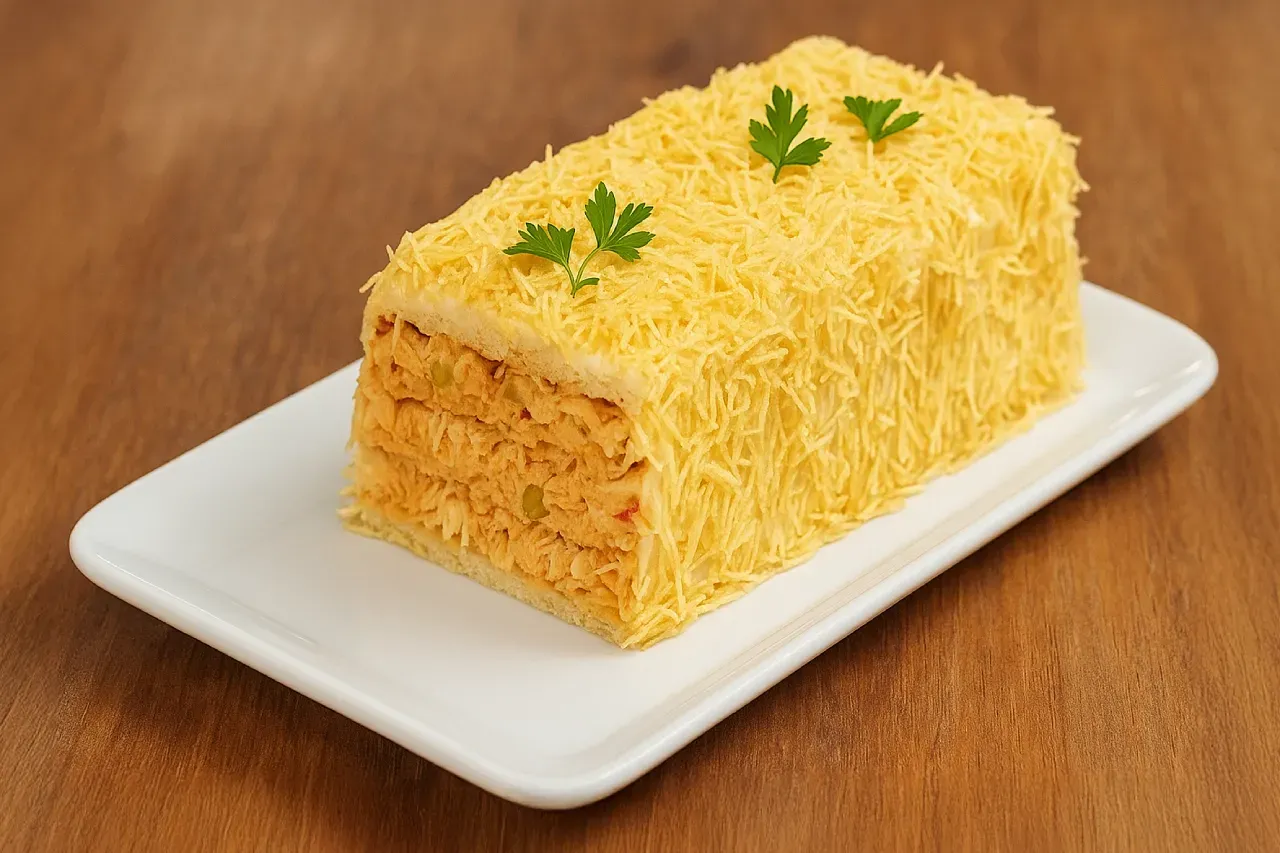 Bolo de frango desfiado amarelo em um prato branco, decorado com salsa sobre um fundo de madeira.