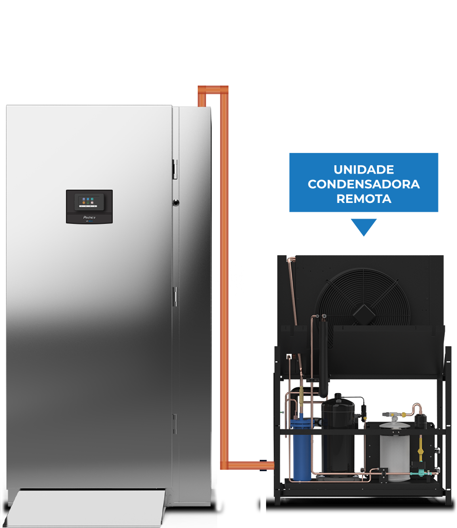 Uma geladeira de aço inoxidável com uma placa azul que diz unidade condensadora remota