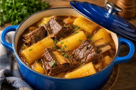 Panela azul com ensopado de carne e mandioca cozida, com a tampa aberta, sobre uma mesa de madeira.