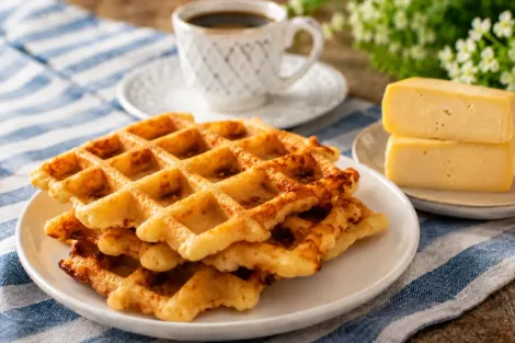 Waffles num prato branco com café e manteiga sobre uma toalha de mesa de tecido listrado azul.