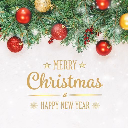 Christmas greeting with red and gold ornaments on evergreen branches.