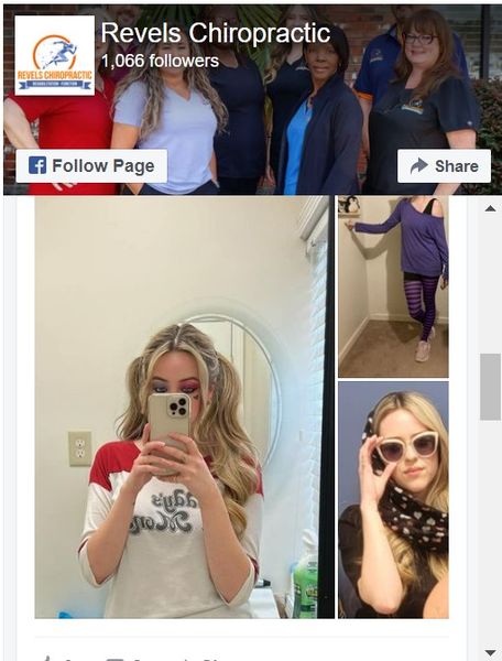 A facebook page for revels chiropractic shows a woman taking a selfie