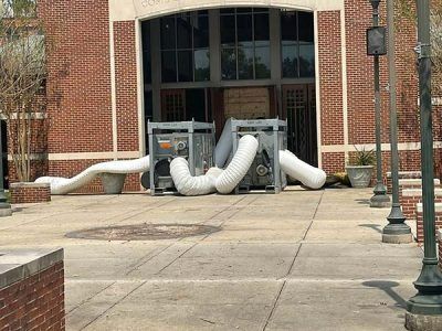 Two industrial air handlers with white ducting in front of a brick building entrance.