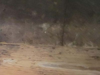 Dark, stained wood surface with a faded, unclear pattern against a shadowy background.