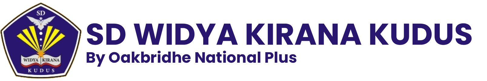 Logo banner for SD Widya Kirana Kudus, with blue and gold school emblem and text on white background