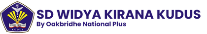 Logo banner for SD Widya Kirana Kudus, with blue and gold school emblem and text on white background