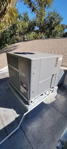 An air conditioning unit on a rooftop. The unit is gray, with a metal frame and the background is trees and a blue sky.