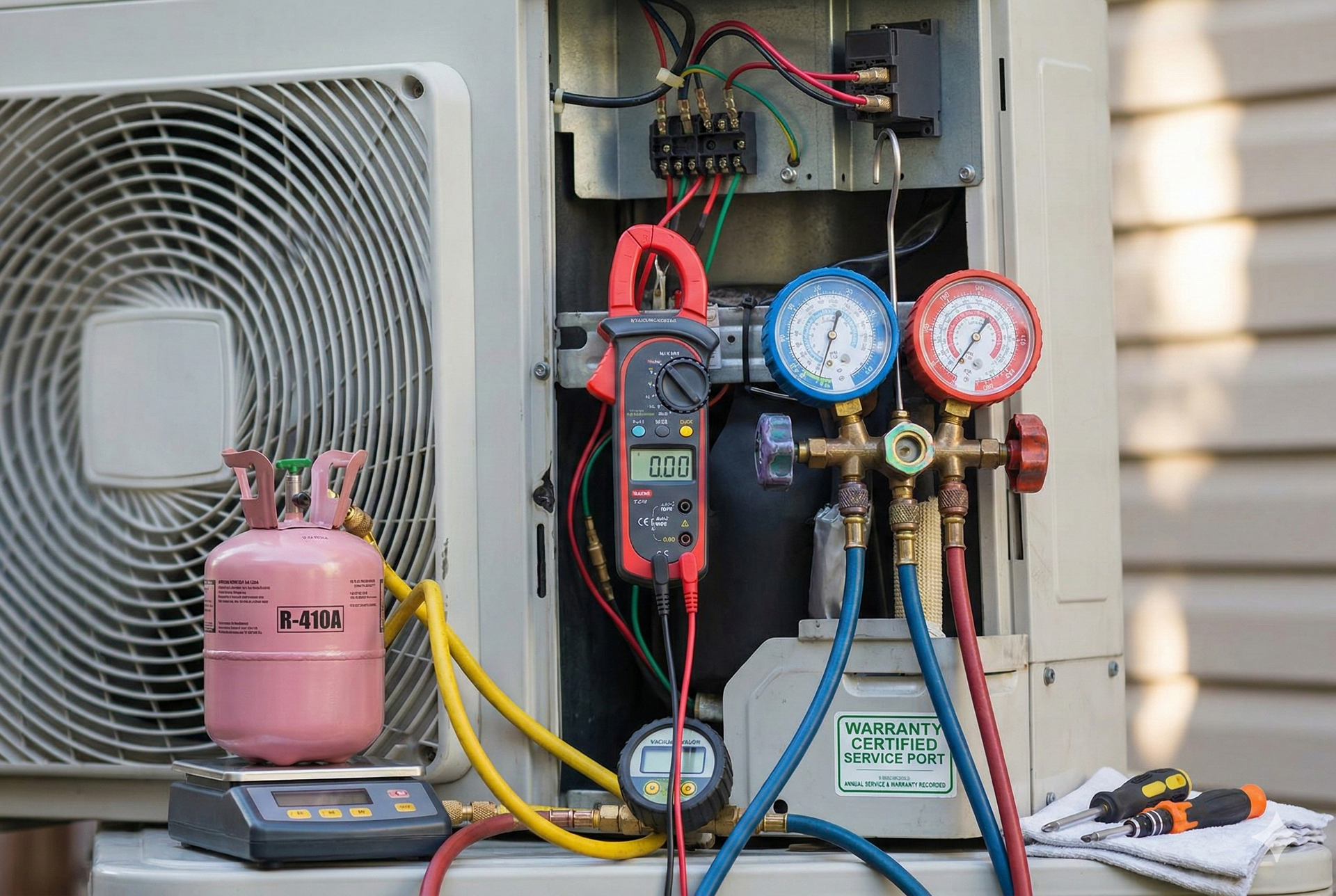 HVAC unit with gauges, refrigerant, and multimeter connected for service. Outdoor setting.
