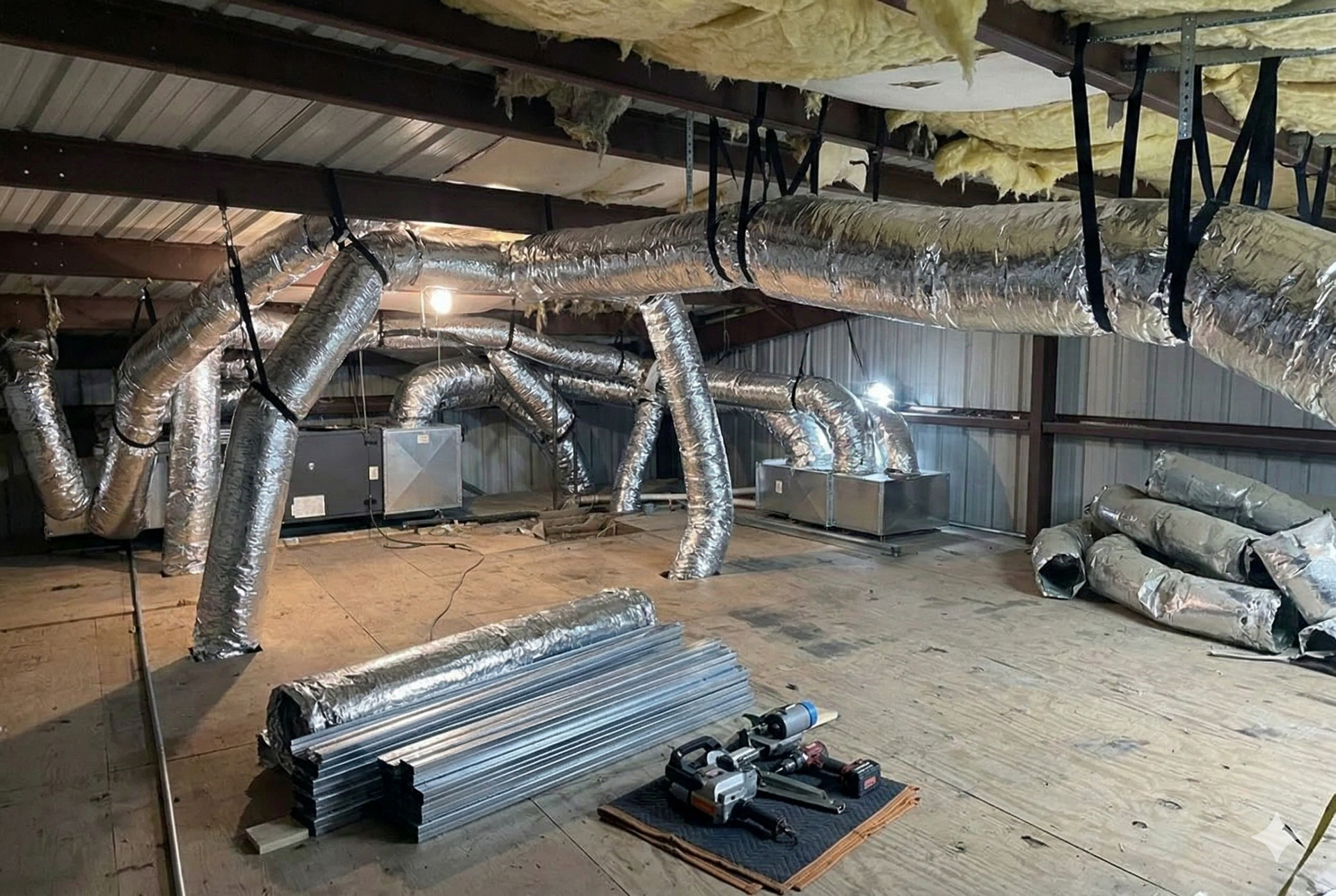 HVAC ductwork installation in a building. Metal ducts and insulation hang from the ceiling.