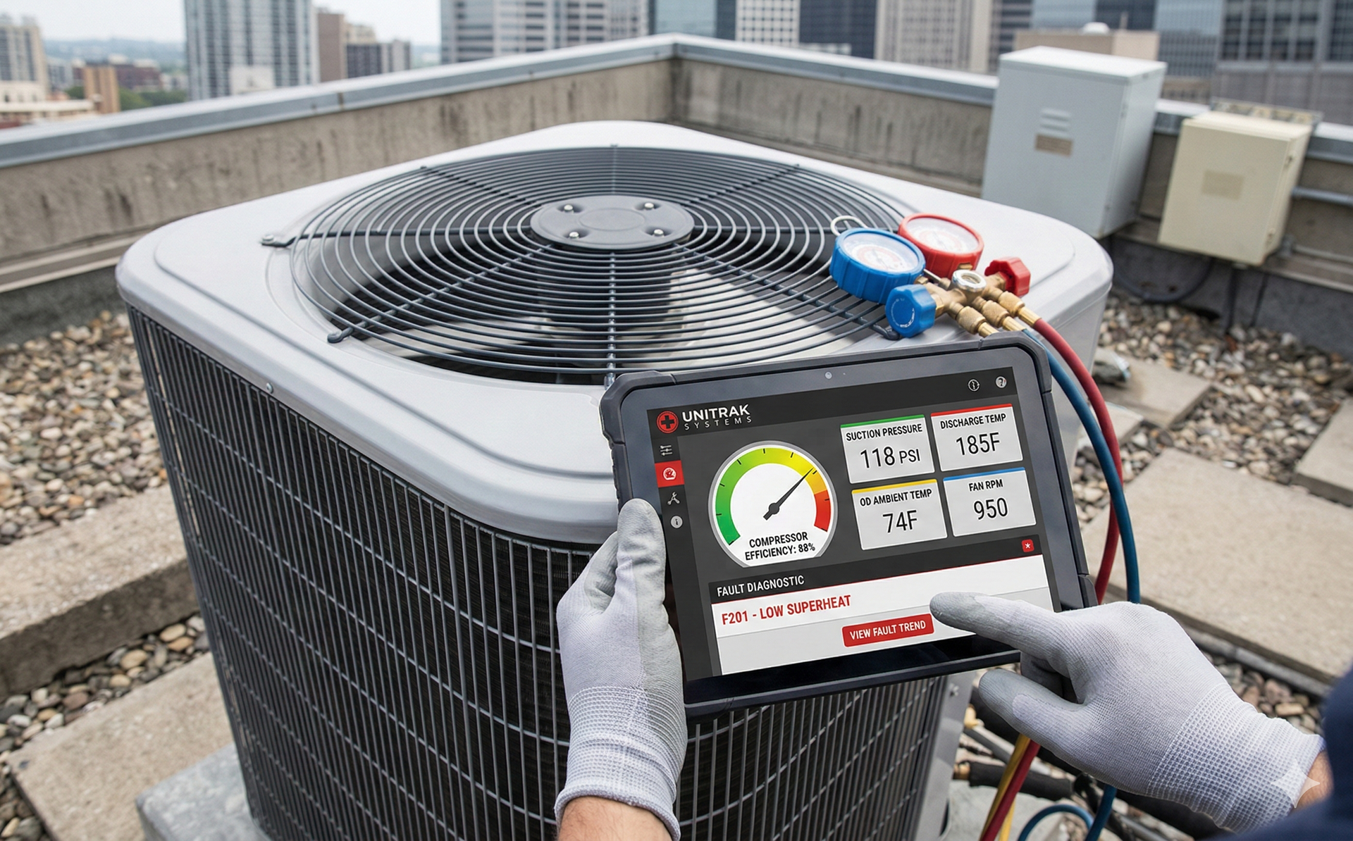 HVAC technician using a tablet to diagnose an air conditioning unit on a rooftop.